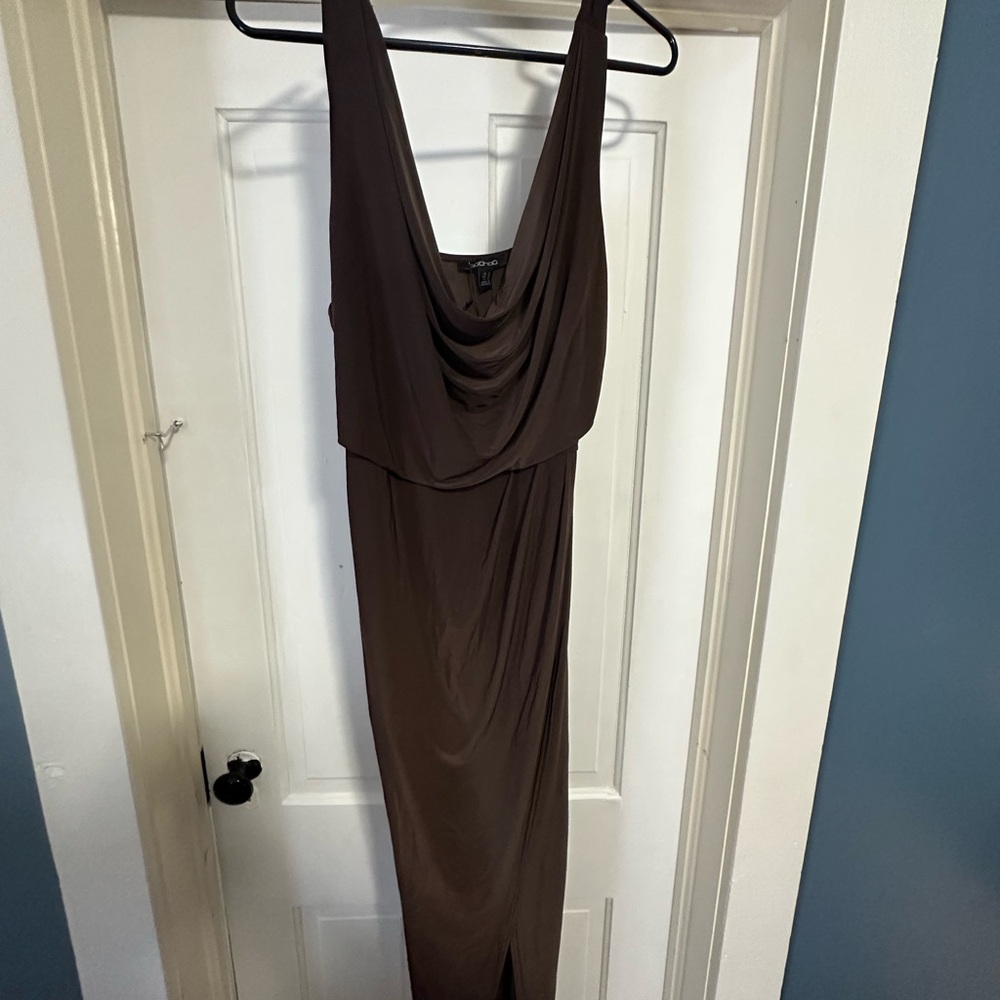 Boohoo Chocolate Brown Draped Midi Dress